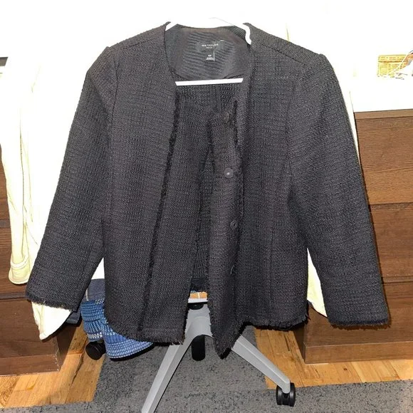 COPY - Ann Taylor Petite - Black Tweed Fringe Moto Blazer Jacket - Picture 6 of 9